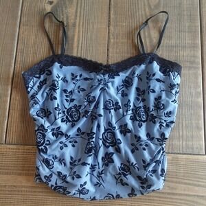 Vintage Y2K Cami Top Large Blue Floral Burnout Lace Whimsigoth Fairy Grunge Crop